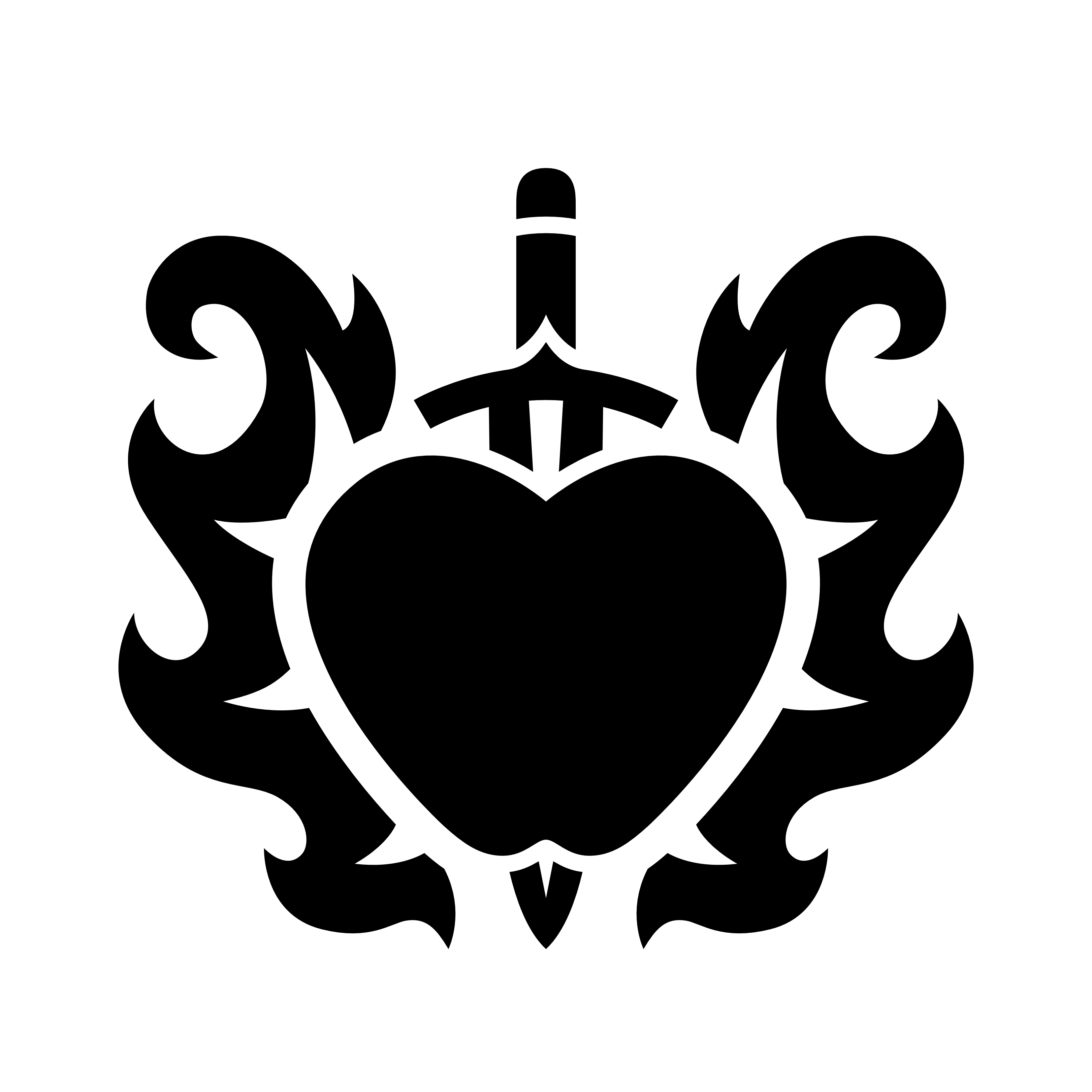 A black and white logo. The logo depicts a heart-shaped apple with a dagger striking through it, flames on either side.